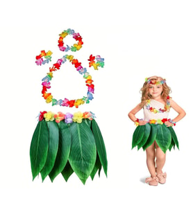 Çocuk Hawaii Kostüm Seti - Yaprak Etek & Hawaii Set - 5 Parça