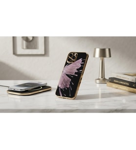 iPhone 11 Pro Uyumlu Lüks Altın Çerçeveli Pembe Kelebek Desenli Kılıf