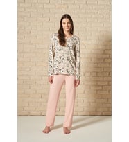 Kadın Düğme Detaylı Üst Kısmı Çiçek Desenli Uzun Kollu Pijama Takımı (Renksiz)