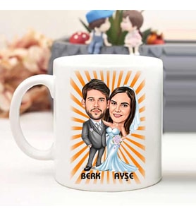 Kişiye Özel Gelin Damat Karikatürlü Kupa Bardak