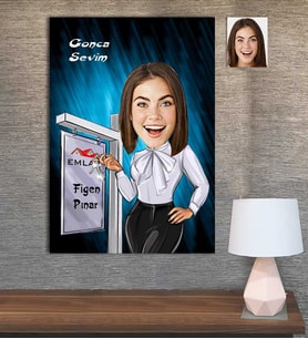 Kişiye Özel Karikatür Baskılı Ahşap Tablo Emlakcı Kadın-1 30x40