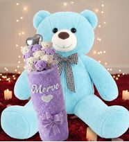 90 Cm Peluş Ayı & Kişiye Özel İsim Yazılı Peluş Silindir Vazo da 9'lu Pembe Ayıcık Buketi Seti Kıza, Eşe, Sevgiliye Hediye (Turkuaz)