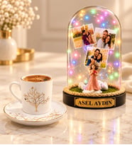 Kişiye Özel 3 Fotoğraflı Yazılı Renkli LED Işıklı Şans Melekli Fanus ve Hayat Ağacı Kahve Fincanı