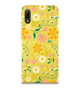 Huawei Y6 2019 Uyumlu Lansman Kılıf Çiçek Tasarımlı İçi Kadife Kapak-Sarı (Şeffaf)