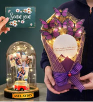 Kişiye Özel Muhteşem Hediye Seti Led Işıklı Fanus ve Led Işıklı Aynalı Kelebek Buketi (Model 6)