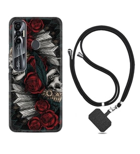 Tecno Spark 6 6 Go 8C 8 Pro 7 7 Pro Kılıf Boyun Askılı Silikon Skull Rose 1673