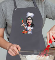 BK Gift Kişiye Özel Kadın Chef Karikatürlü Profesyonel Antrasit Mutfak Önlüğü, Aşçı Önlüğü, Şef Önlüğü, Arkadaşa Hediye-2