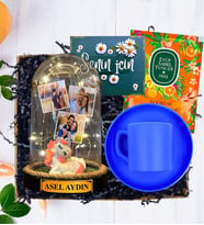İsimli, 3 Fotoğraflı ve Işıklı Fanus & Mavi Kahve Fincanı  Kişiye Özel Premium Set (Model 5)