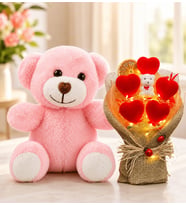 LED Işıklı Kırmızı Kalp Buketi ve Peluş Pembe Ayıcık Hediye Seti