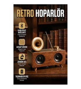 Bluetooth Retro Gramofon Ahşap Tasarımlı Kablosuz Hoparlör Müzik Kutusu