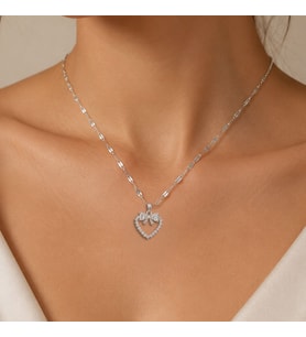 BK Gift Kalp Figürlü Fiyonk Detaylı Taşlı Kadın Kolye - Kararma Yapmayan Silver Çelik Kolye