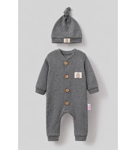 Unisex Tahta Düğme Görselli Şapkalı Waffle Bebek Tulum - Beyaz