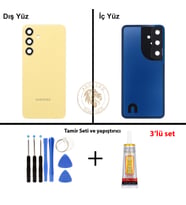 Samsung Galaxy S24 Sarı Renk Lensli Arka Kapak + Tamir Seti + B7000 Yapıştırıcı Arka Cam Batarya Kapağı Pil Kapağı Lazer Kesim Back Cover Galaxy S24 Uyumlu