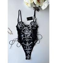 Blair Premium Siyah Beyaz Çiçekli Pullu Çıtçıtlı Balenli Büstiyer (Siyah - Beyaz)