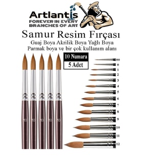 Resim Fırçası 10 Numara 5 li 1 Paket Samur Yuvarlak Uçlu Fırça Seti Guaj Sulu Akrilik Yağlı Boya Fırçaları (Naturel)