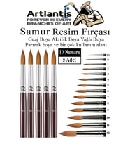 Resim Fırçası 10 Numara 5 li 1 Paket Samur Yuvarlak Uçlu Fırça Seti Guaj Sulu Akrilik Yağlı Boya Fırçaları (Naturel)