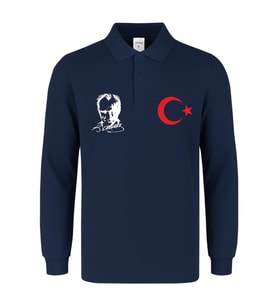 ATATÜRK-AY YILDIZ BASKILI POLO YAKA UZUN KOL TİŞÖRT (Lacivert)