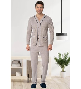 Mecit 22767 Erkek Kahve Önden Düğmeli Büyük Beden Pijama Takımı (Kahverengi)