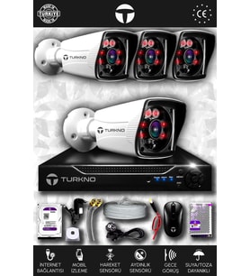 TURKNO 4 Kameralı Karia 4 Dış Kamera Set 2 TB HDD Full HD Gece Görüşlü Güvenlik Kamerası Sistemi