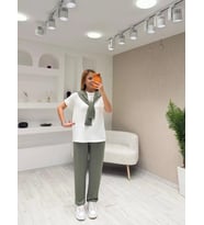 Kadın şal Dahil Bisiklet Yaka Bluz Ve Pantolon üçlü Takım