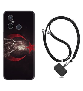 Xiaomi Redmi 12C Kılıf Resimli Boyun Askılı İpli Desenli Silikon Kurt ve Ay Yıldız 1403