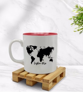 BK Gift Kişiye Özel Dünya Haritası Tasarımlı İçi Kırmızı Renkli Kupa Bardak Model 1