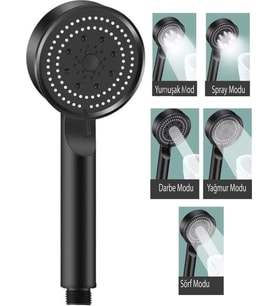 Hayal Sepeti  Siyah Turbo Fan 5 Fonksiyonlu Duş Başlığı El Duşu (Bordo)