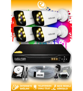 ELITCAM 4 Kameralı Kare 4 Dış Kamera Set 2 TB HDD Full HD Renkli Gece Görüşlü Güvenlik Kamerası Sistemi