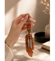 Hakiki Deri Yaprak Anahtarlık Karabinalı Araba Anahtarı Çanta Askısı Metal Tüy Detaylı Bohem Anahtarlık Unisex 21.5 CM