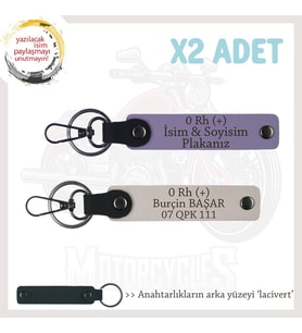 Biker Tarzına Özel, İsim Plaka ve 0 Rh (+) Kan Grubu Yazılı Hediye x2 Anahtarlık Set, Mor-Pudra-Laci (Çok Renkli)
