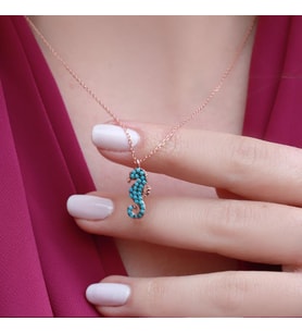 Turkuaz Taşlı Deniz Atı Ve Deniz Yıldızı Rose Gold Kaplama Gümüş Kolye