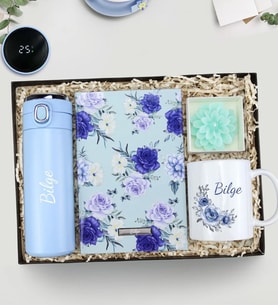 Kişiye Özel Mavi Tasarım Defter & 450 ML Kilitli Dereceli Termos & Mum & Tasarım Kupa Hediye Seti