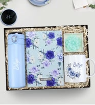 Kişiye Özel Mavi Tasarım Defter & 450 ML Kilitli Dereceli Termos & Mum & Tasarım Kupa Hediye Seti