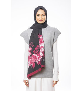 Çiçekli Desen Modal Seri Şal Eşarp Askısı ile Birlikte 75x200 cm Siyah Bordo-75x