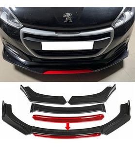 Peugeot 208 Kırmızı Renkli Şeritli Dilli Ön Lip 4 Prç Parlak Siyah ABS