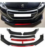 Peugeot 208 Kırmızı Renkli Şeritli Dilli Ön Lip 4 Prç Parlak Siyah ABS