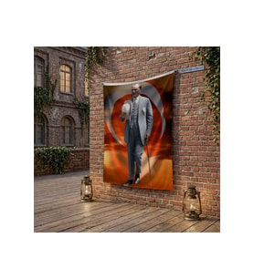 Atatürk Baston Ve Fotor Şapkasiyla poster Bayrak Raşel Kumaş 100x150 cm ATA74