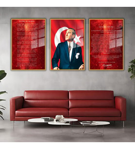 3'lü Metal Çerçeveli Cam Tablo Seti Klasik Atatürk İstiklal Marşı ve Gençliğe Hitabe (Gold)