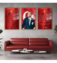 3'lü Metal Çerçeveli Cam Tablo Seti Klasik Atatürk İstiklal Marşı ve Gençliğe Hitabe (Gold)