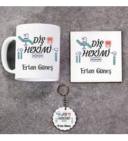 Diş Hekimine Özel Kupa Bardak Altlık ve Anahtarlık Hediye Seti (Model 1)