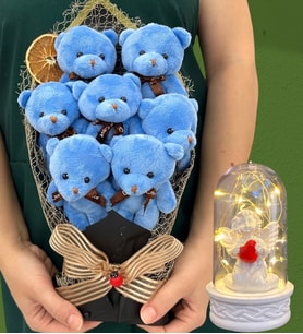 Büyük Boy 7'li Tasarım Peluş Ayıcık Buketi ve Led Işıklı Beyaz Melekli Fanus (Model 5)
