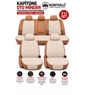 Kustulli Premium Oto Koltuk Minder Seti - FULL 5'li SET - Terletmez - Kolay Montaj - Kaymaz Taban- Oto Koltuk Kılıfı Cepli Model (Krem)