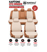 Kustulli Premium Oto Koltuk Minder Seti - FULL 5'li SET - Terletmez - Kolay Montaj - Kaymaz Taban- Oto Koltuk Kılıfı Cepli Model (Krem)