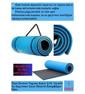 Özel Model Taşıma Askılı Çift Taraflı Kaymaz Su Geçirmez Pilates Kamp Fitness Yoga Matı Mavi 16 Mm
