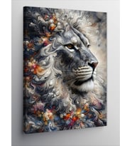 Kanvas Tablo Gri Aslan Ve Çiçek Desenler