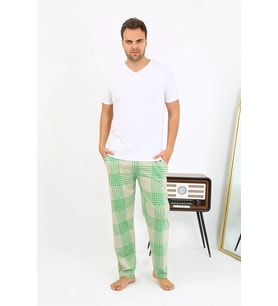 pilelistore- Erkek Ekoseli Desen Penye Tek Alt Pijama Yeşil