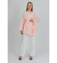 %100 Pamuk Keten Cepli Kemerli Yazlık Kadın Kimono 1166 - Nefes Alan Doğal Kumaş (Somon)