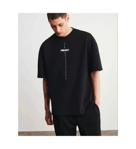Unisex Bisiklet Yaka Baskılı Oversize T-Shirt - Siyah