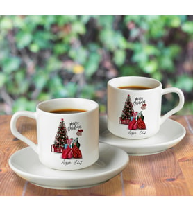 Mutlu Yıllar & Merry Christmas & Yılbaşı Tasarımlı İkili Türk Kahvesi Fincanı Seti Kişiye Özel