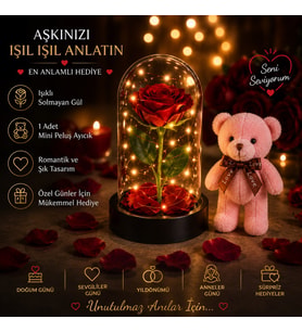 Led Işıklı Mika Fanus Solmayan Yapay Kırmızı Gül & 1 Mini Peluş Ayıcık Sevgiliye Romantik Hediye Set